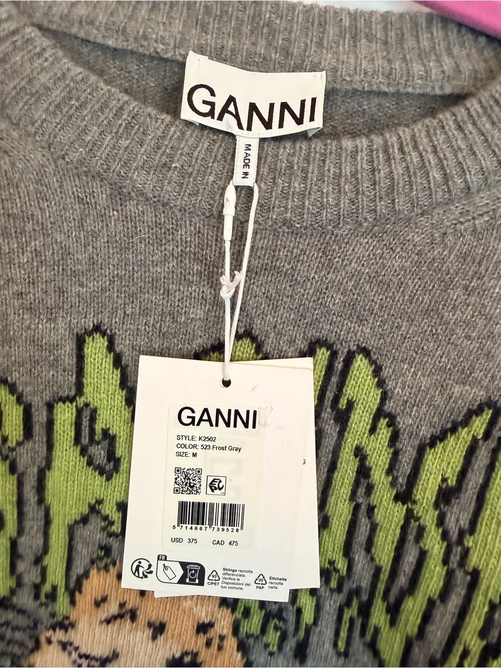 Ganni Gray Sweater with Rabbit Graphic and Lime Logo - Picture 4 of 8